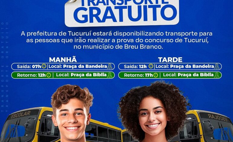  TUCURUÍ | Prefeitura de Tucuruí disponibilizara transporte gratuito para Concurseiros que irão realizar a prova do concurso em Breu Branco