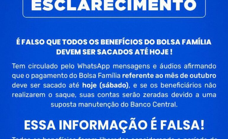  URGENTE | É falso que todos benefícios do Programa Bolsa Família devem ser sacados até hoje